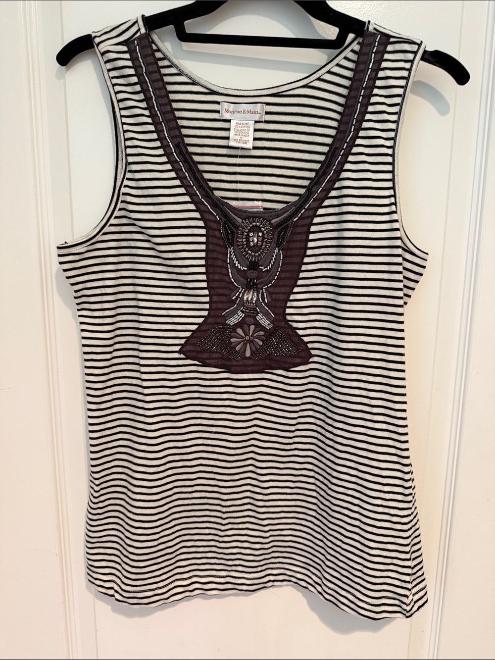 Monroe & Main Black and White Striped Tank with Embroidered Accent